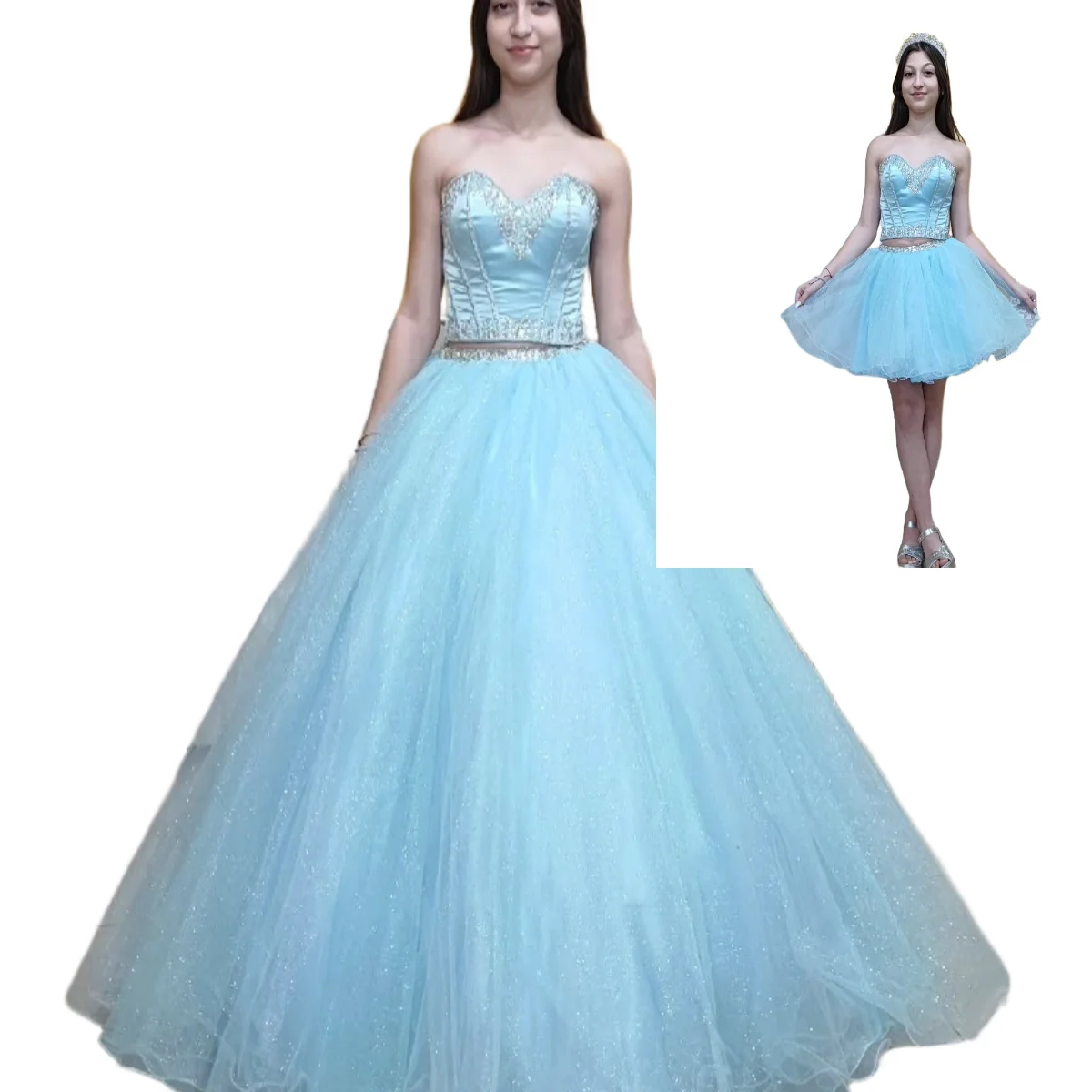 

Блестящие синие платья Quinceanera с бисером из двух частей, тюлевое платье «Пятнадцать», элегантное тюлевое платье Vestido De 15 Años по индивидуальному заказу