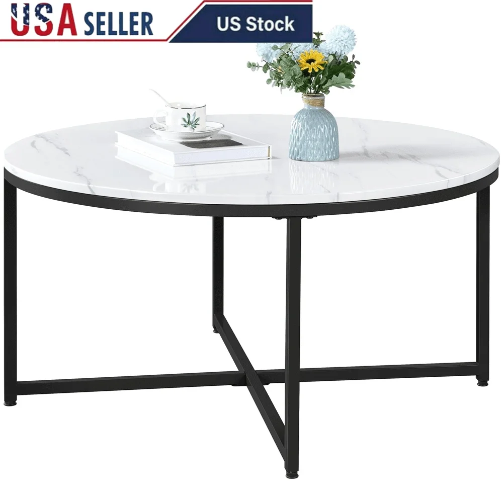 

Круглый журнальный столик из искусственного мрамора, стильная черная отделка, прочный металлический каркас для гостиной, офиса, в помещении, легко перемещаемый