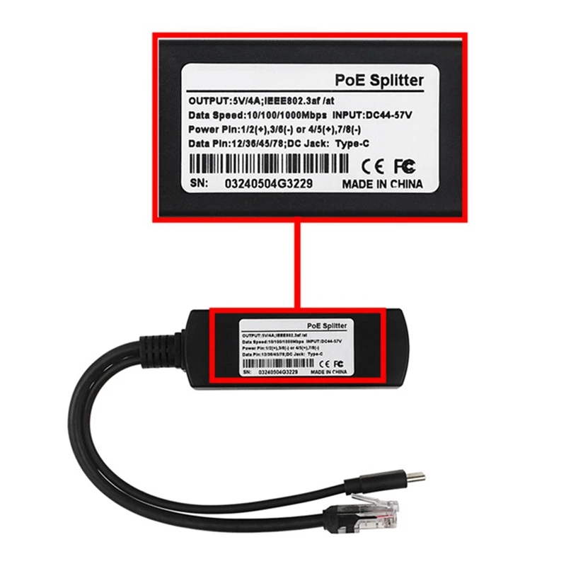 For Raspberry Pi 5 Poe Splitter 5V 4A 10/100/1000Mbps IEEE802.3Af/At Type C Poe Splitter For Raspberry Pi 5B Easy To Use