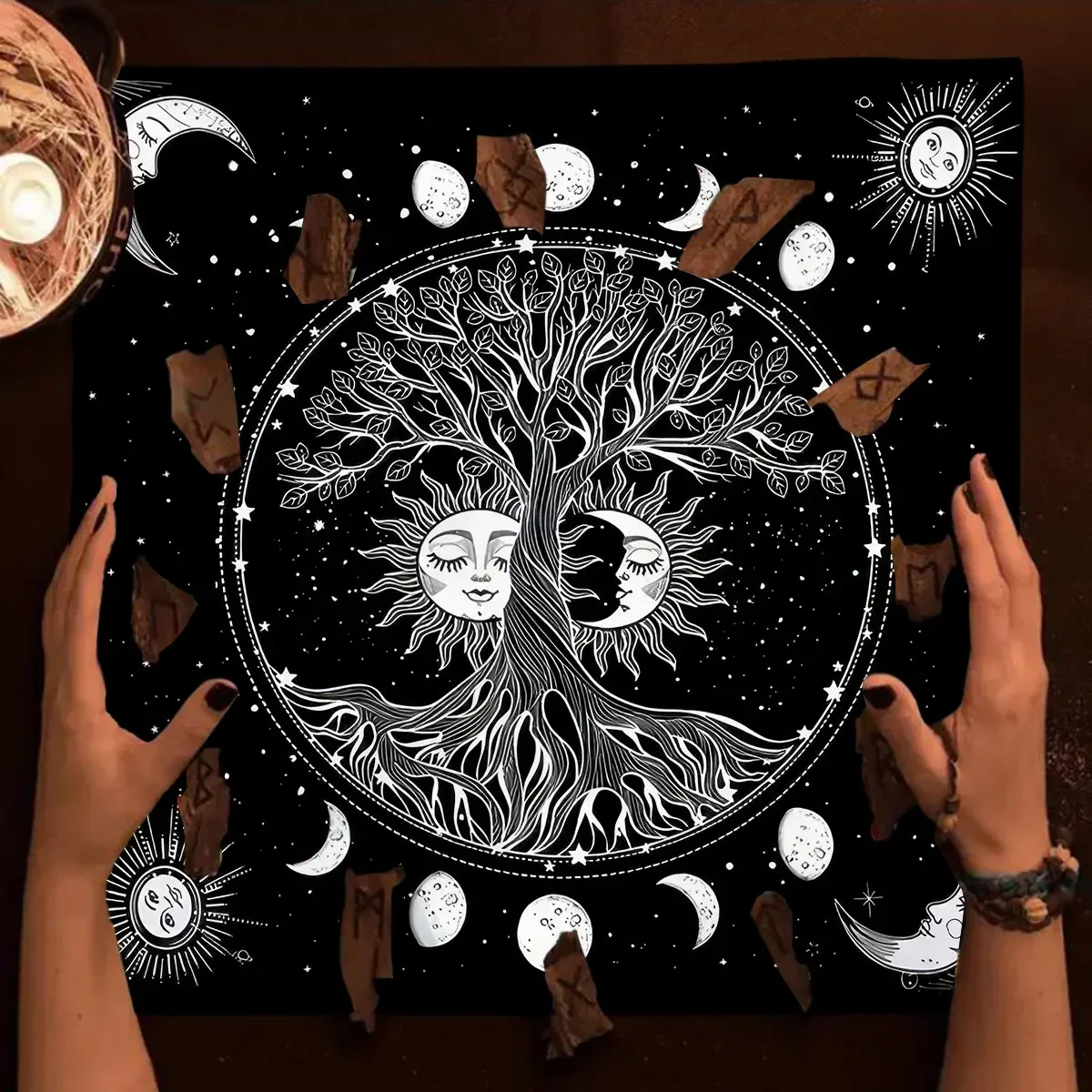 Black Sun Moon Life Tree Tarot Tablecloth Altar Cloth Astrology Oracle Table Mat Home Room Decoraction Witchy Cottagecore Decor