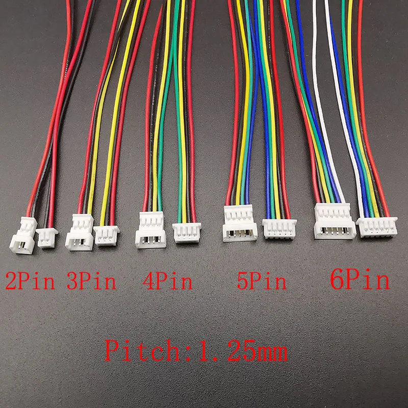 10Pairs Mini JST 1.25mm Connector Pitch 1.25mm Male Plug Female Jack Socket 2P/3/4/5/6 Pin Connectors with Wire Cable 28AWG 10CM