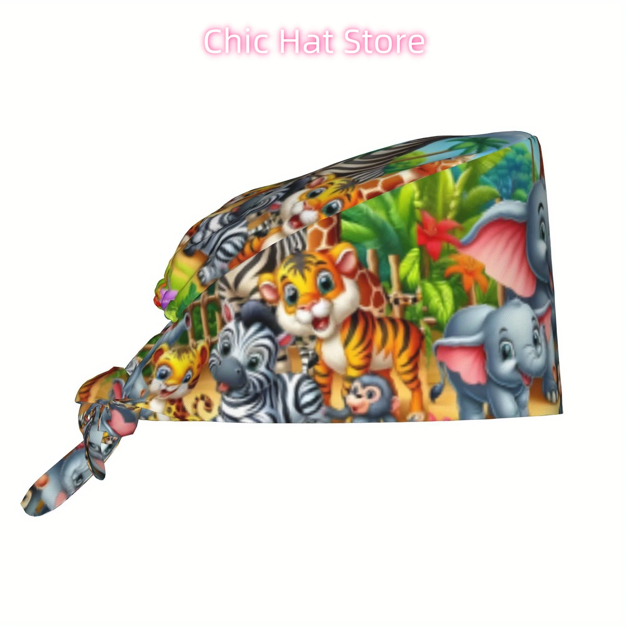 Gorro de trabajo con estampado de animales de la selva, gorro de enfermera unisex ajustable, ligero y a prueba de polvo, con estampado vibrante de tigre, jirafa, cebra y elefante, 1 ud.