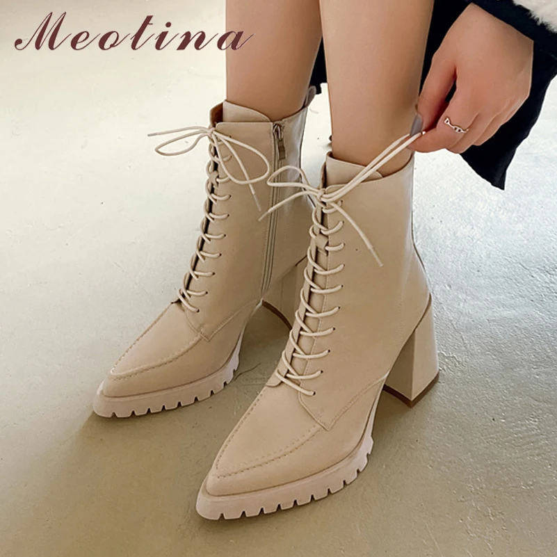 Meotina Women Genuine Leather Ankle Boots Pointed Toe Thick High Heel Zipper Lace-up Lady Short Boot Autumn Winter Shoes Beige