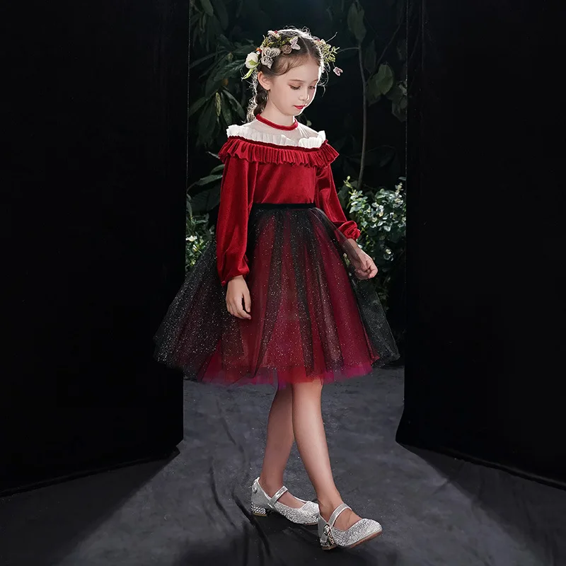 

Girls' Host Long Sleeve Evening Dress Little Girl Stylish Princess Dress Flower Girl Puffy Tulle Children's Performance Costume