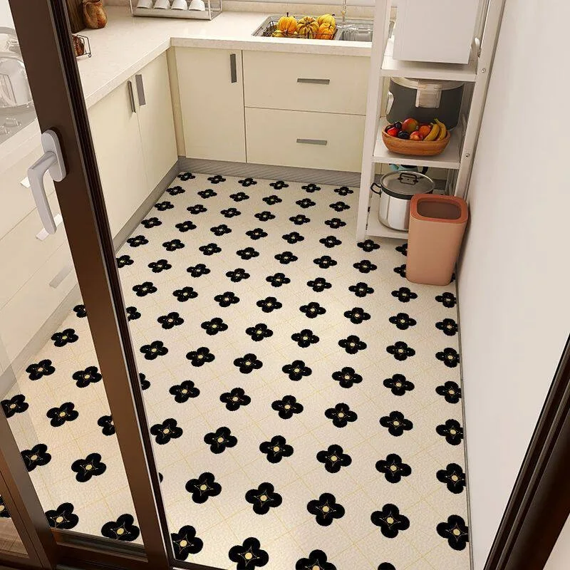 Black Cross Flower PVC Leather Rug Waterproof Oil-proof Stain-resistant Kitchen Carpet Large Area Non-slip Floor Mats Alfombra