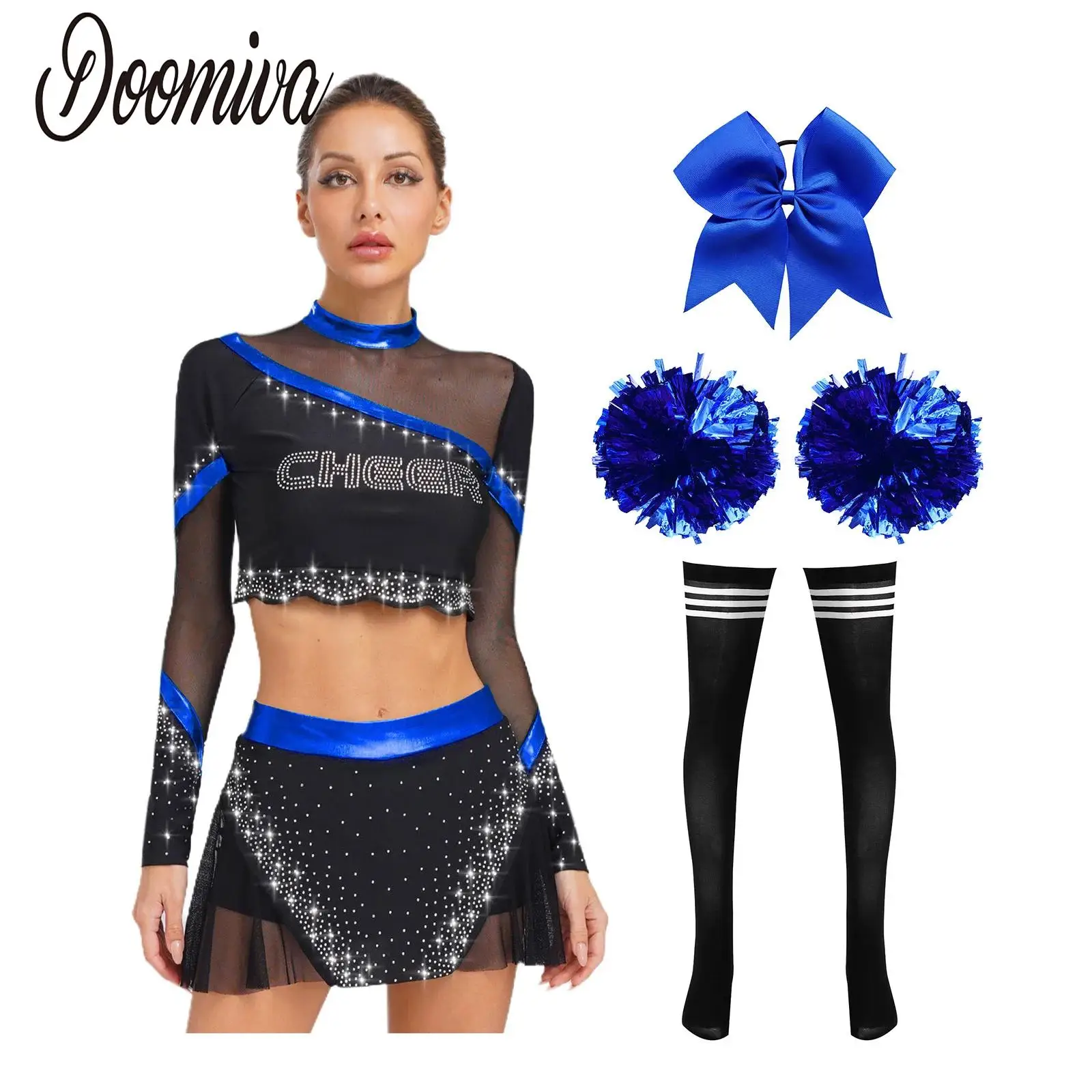 

Women Cheer Dance Cheerleading Outfits Cheerleader Performance Costume Long Sleeve Rhinestones Crop Tops with Skirt Flower Ball