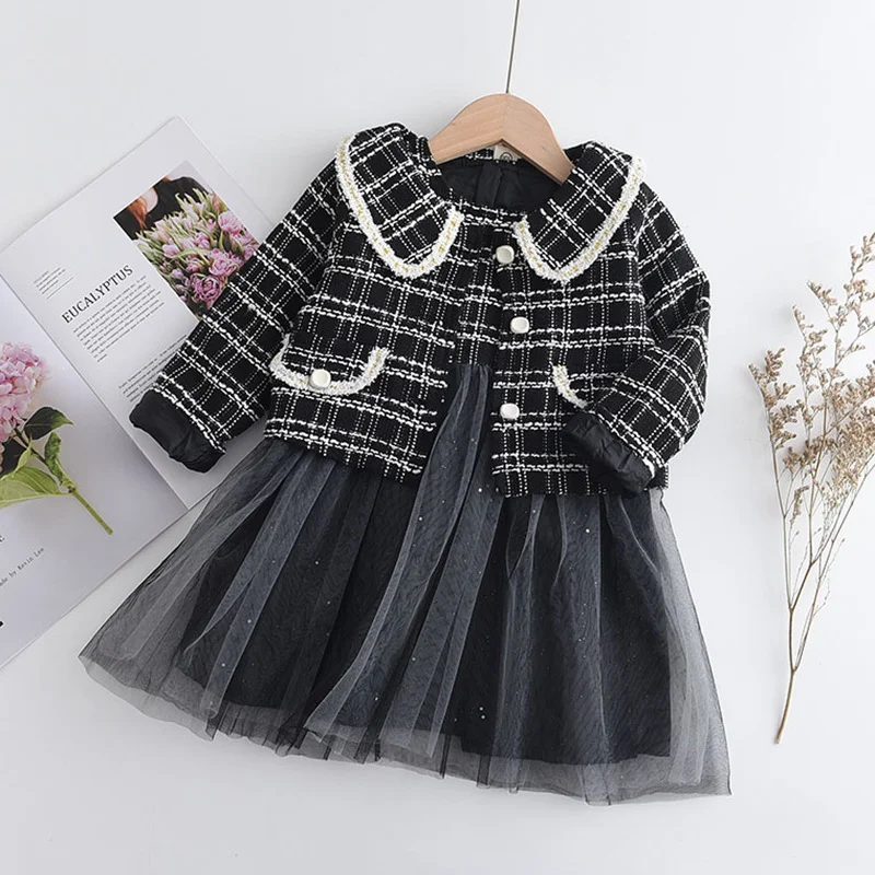 Two piece children\'s single breasted small fragrant vest jacket+fashionable gauze skirt vest dress girls autumn set clothing