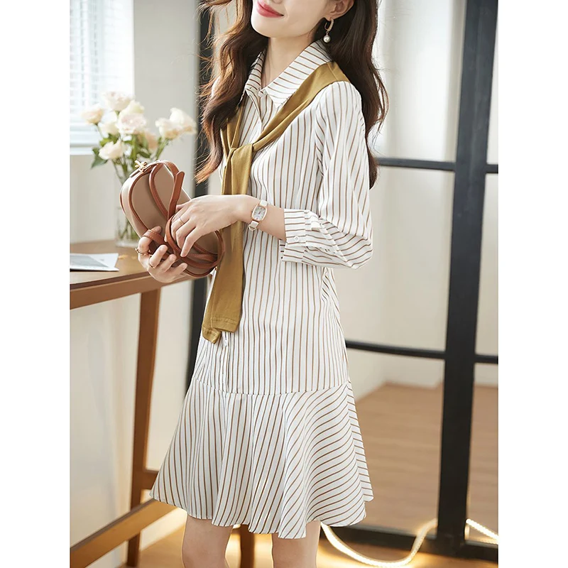 Fashion Lapel Button Spliced Lace Up Folds Striped Casual Dresses Women's Clothing 2024 Summer New Loose Commuter Mini Dress