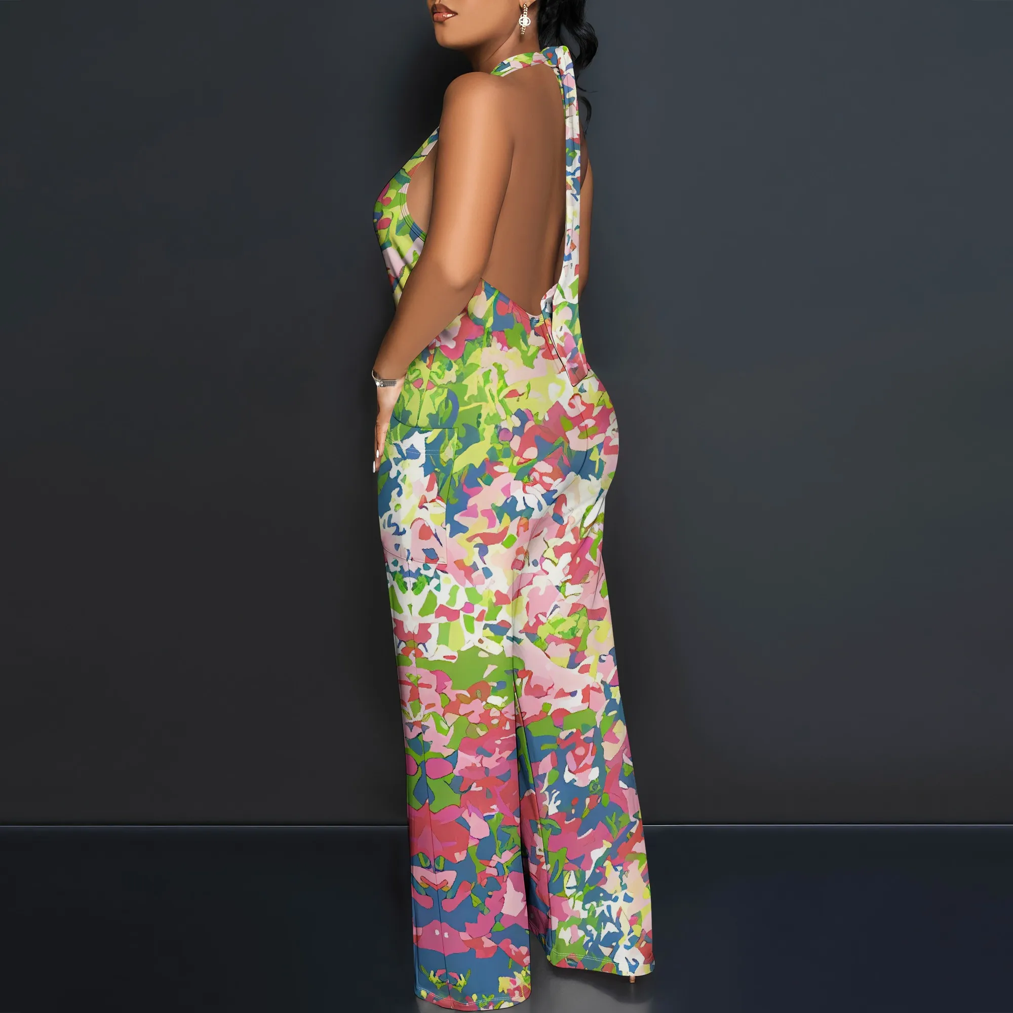 Nupusa Overall mit Blumendruck für Damen, normale Größe, Sommer, lässiger Neckholder-Overall mit weitem Bein