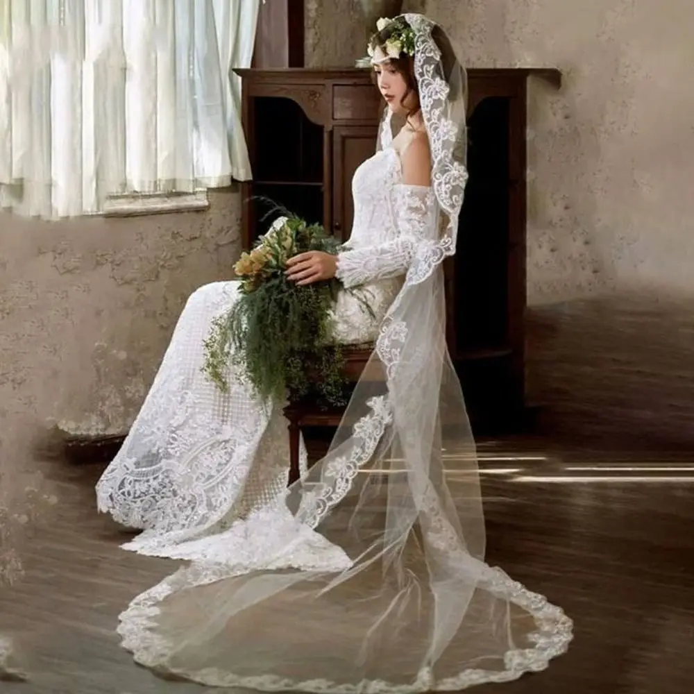 New Lace Flower Bridal Veil Soft Tulle Long Wedding Veils White Single-layer Bride Head Gauze Bride Accessories