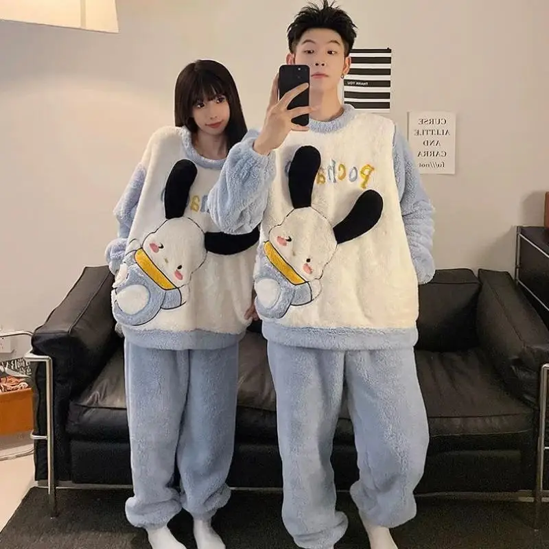 Cartoon Sanrios Kuromi Cinnamoroll Pajamas Women Men Thickened Coral Velvet Anime Pochacco Winter Warm Couple Soft Home Clothes