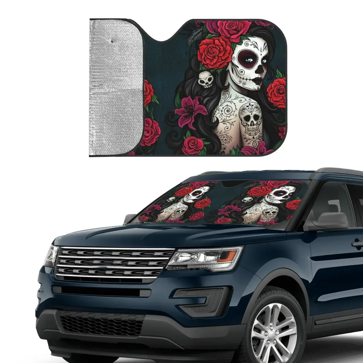 Sugar Skull Sunshade Windscreen Beautiful Girl Foldable Car Front Windshield 70x130cm Sunshade Visor Car-styling