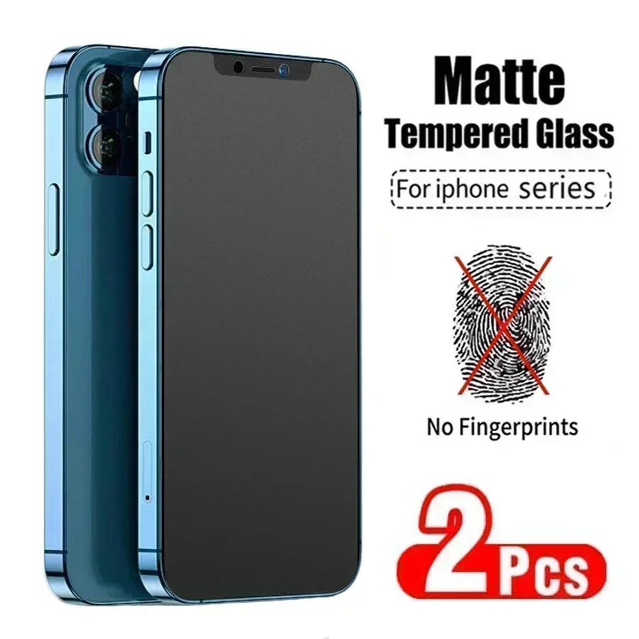 2PCS No Fingerprint Screen Protectors for IPhone 11 12 13 14 Pro Max Mini XS XR X 8 7 Plus I14 SE2022 Matte Tempered Glass Film