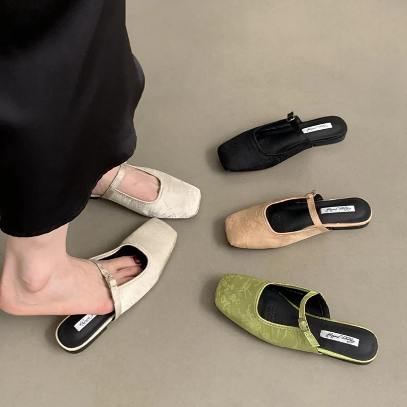 Fashion Brand Close Toe Mule Slippers Women Slides Flats Ballet Outdoor Flip Flops Ladies Shoes Loafer Elegant Silk Sandal Mujer