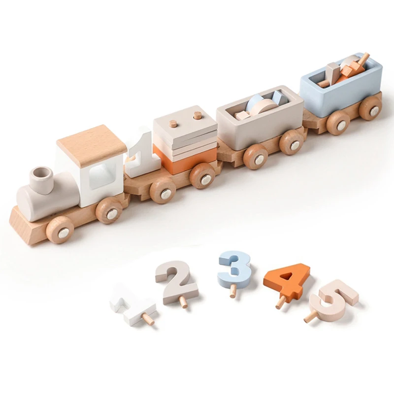 Train en bois pour bébé, jouet d'anniversaire, chariot en bois, apprentissage des chiffres et des blocs, jeu Montessori, YZ5