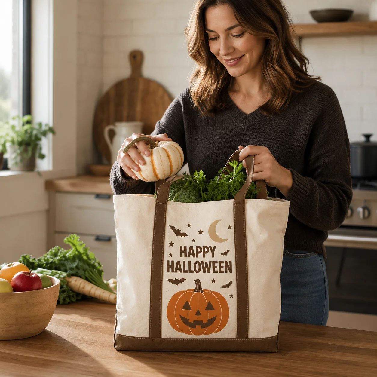 Custom Canvas Tote Bag Retro Halloween Pumpkin Custom Name Photo Text Large Shopping Gift Handbag For Women Family Party Gifts