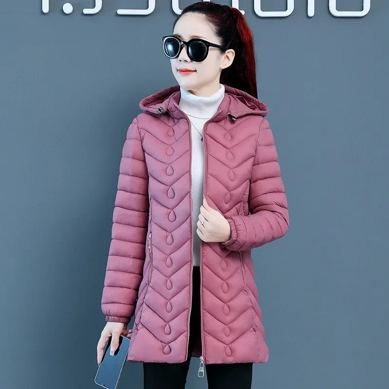 Giacca trapuntata leggera di stili medio lunghi Giacca con cerniere a maniche lunghe Nuovo cappotti imbottiti in cotone da donna di mezza età dimagranti con cappuccio
