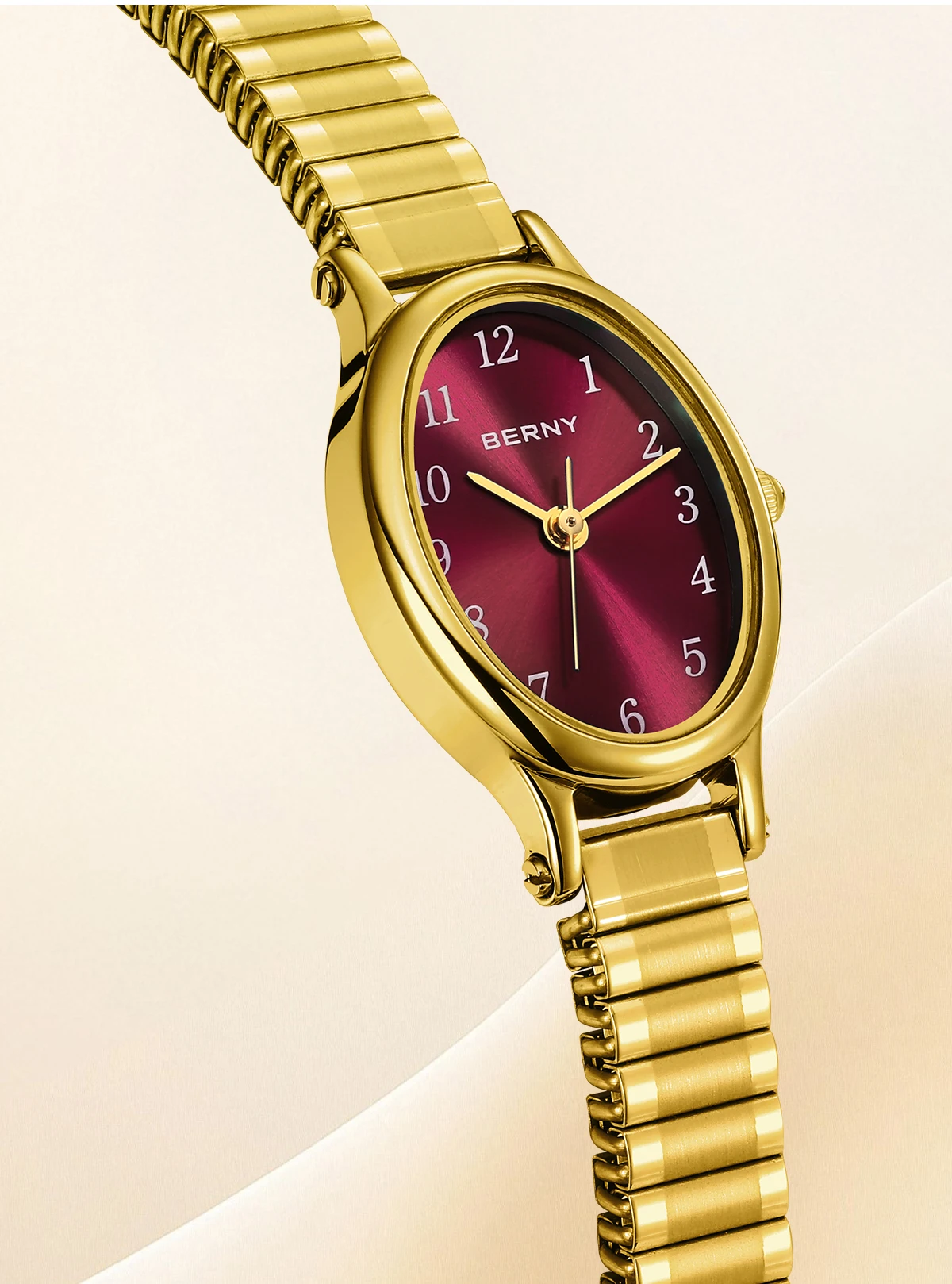BERNY Goldene Uhren für Damen, luxuriöses goldenes elastisches Armband, elegante, leicht ablesbare Damenuhr, Stretch-Armband, Kleiderarmbanduhr – Detail 5