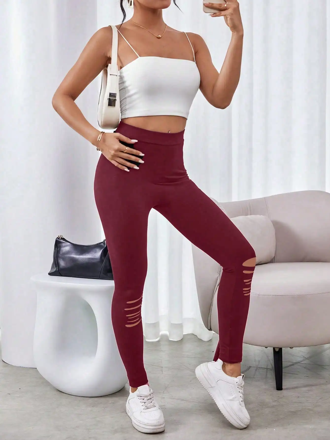 Schöne modische, lässige, gestrickte Damen-Leggings für Frühling und Sommer mit hohlem Loch