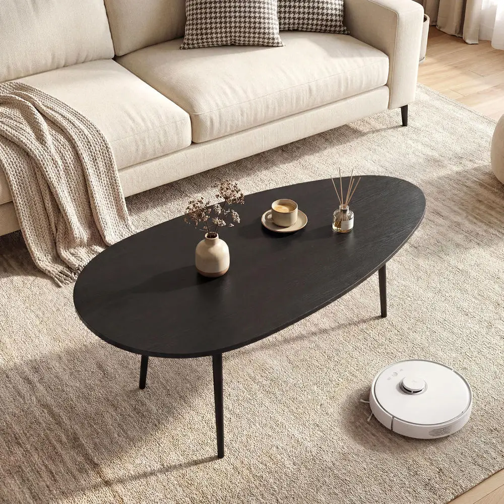 Oval Coffee Table Mid Century Center Table With Sturdy Metal Construction-Black