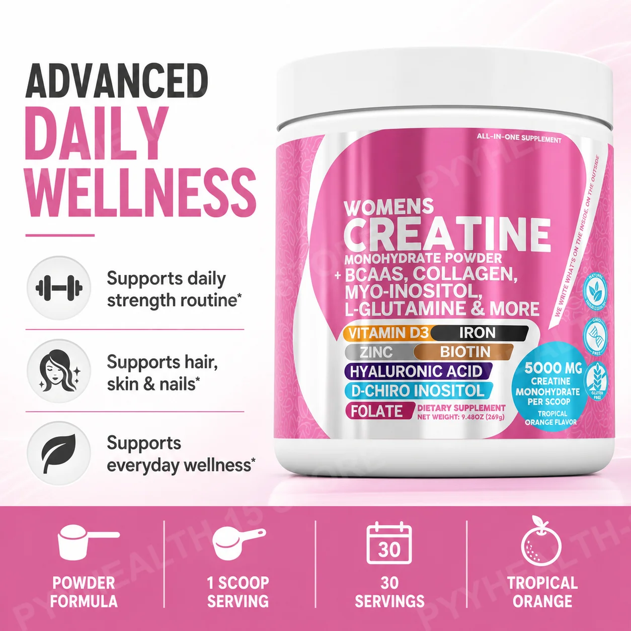Creatina Monohidrato en Polvo para Mujeres 5000mg con BCAA, Colágeno, Mioinositol, Biotina, Ácido Hialurónico, D3, Soporte Diario, 30 Porciones