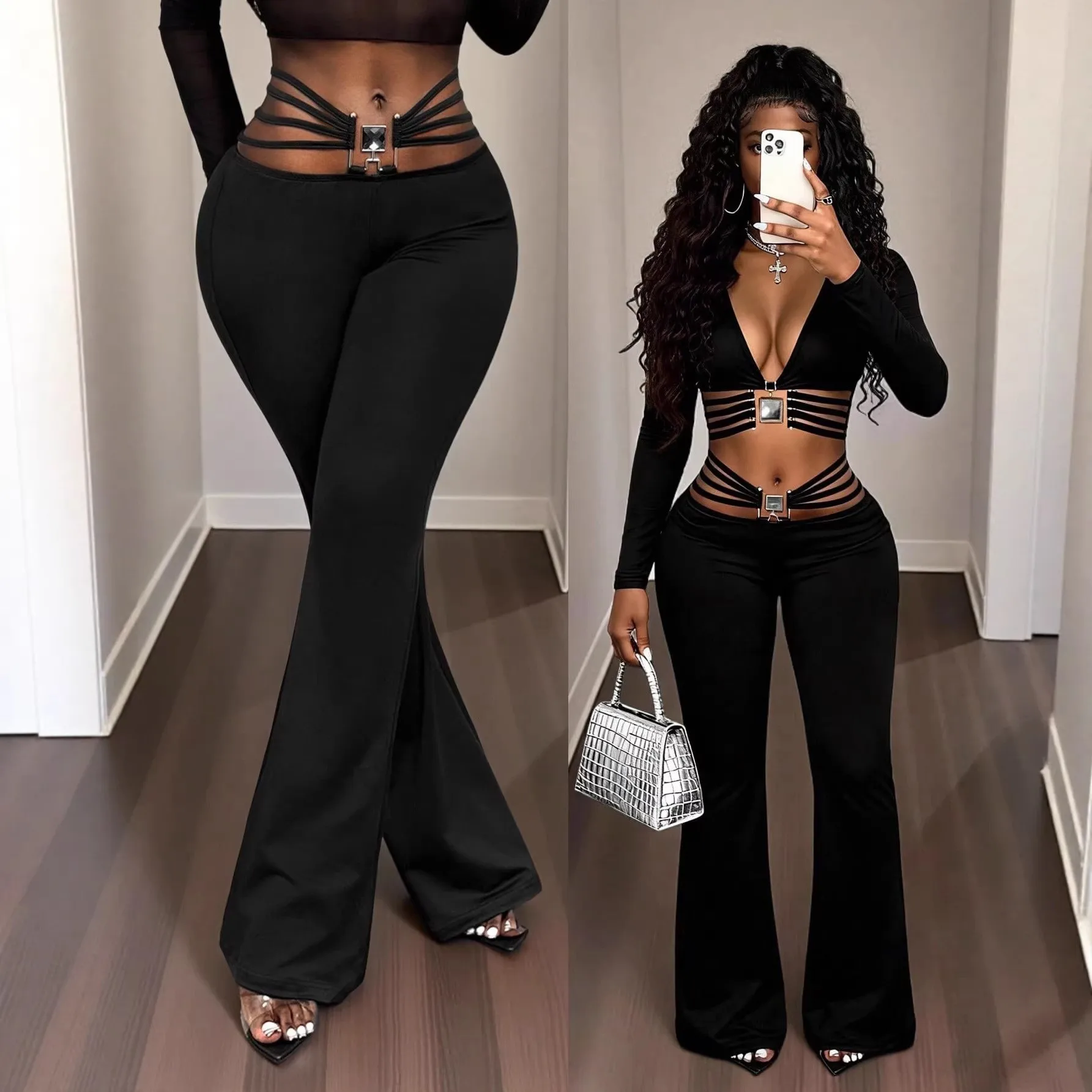 

Women's Clothing Black Mid Waist Pants Solid Color Ruched Trousers Flared High Waisted Flare Pants Strap Detail Wide Leg Pants