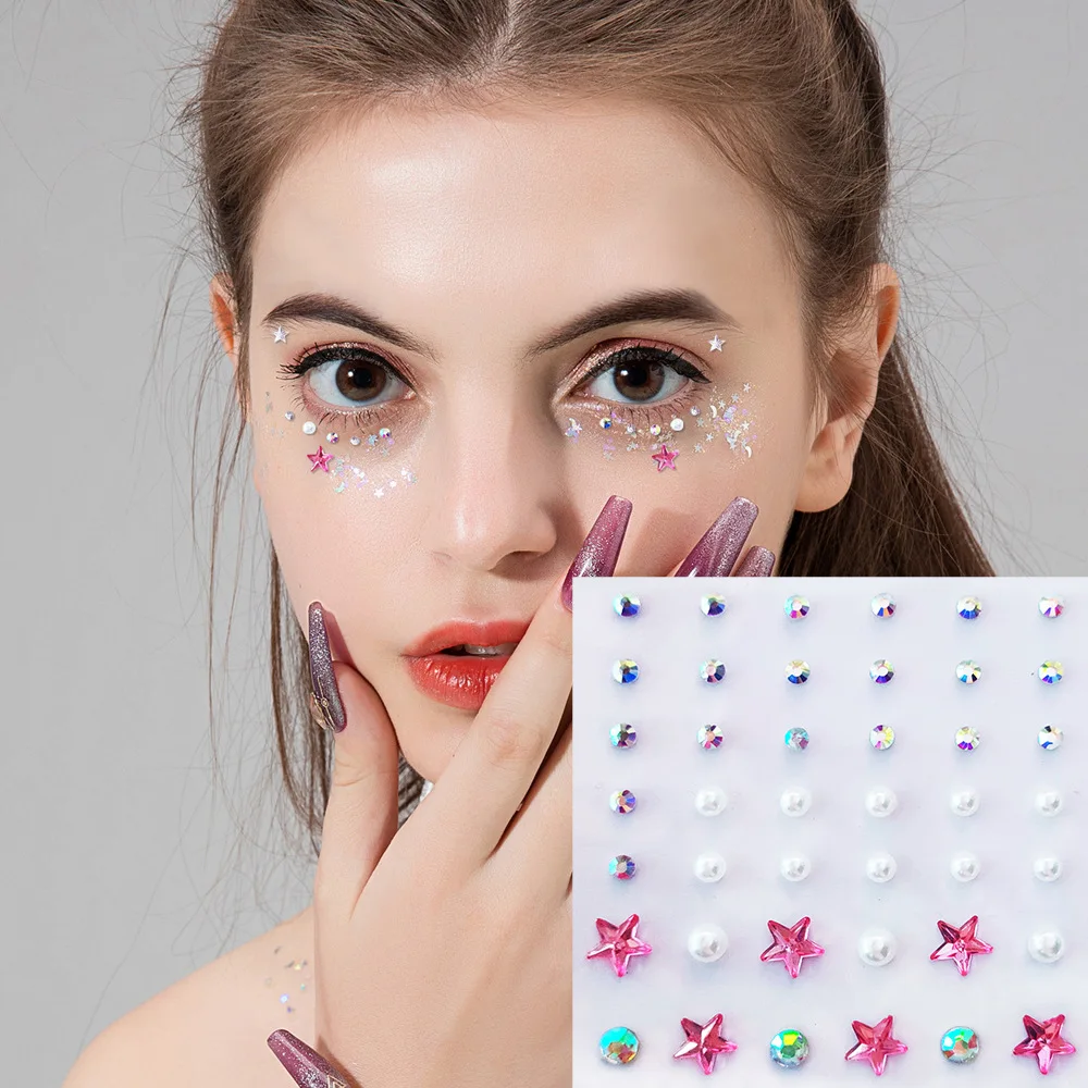 Color Rhinestones Acrylic Self-adhesive Disposable Star Heart Diamond Tattoo Stickers Face Eyes Decoration Tear Makeup for Women