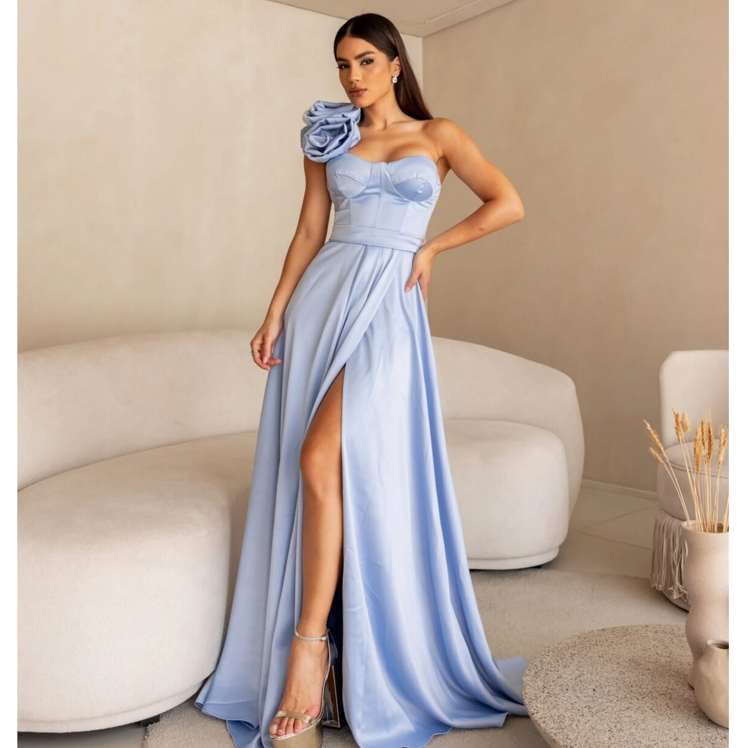 

Простое светло-голубое вечернее платье на одно плечо с рюшами Vestido de Fiesta для женщин, платье для выпускного вечера с разрезом по бокам на день рождения
