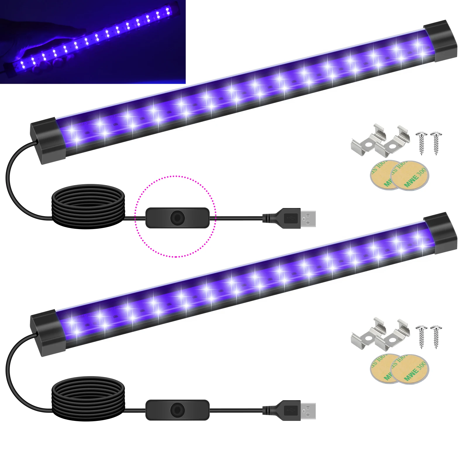 2PCS 5V UV Black Light Bar 10W 30cm Ultraviolet Lamp Tube 365-395nm UV Strip Lights for Cabinet Shelf Party Decor LED Blacklight