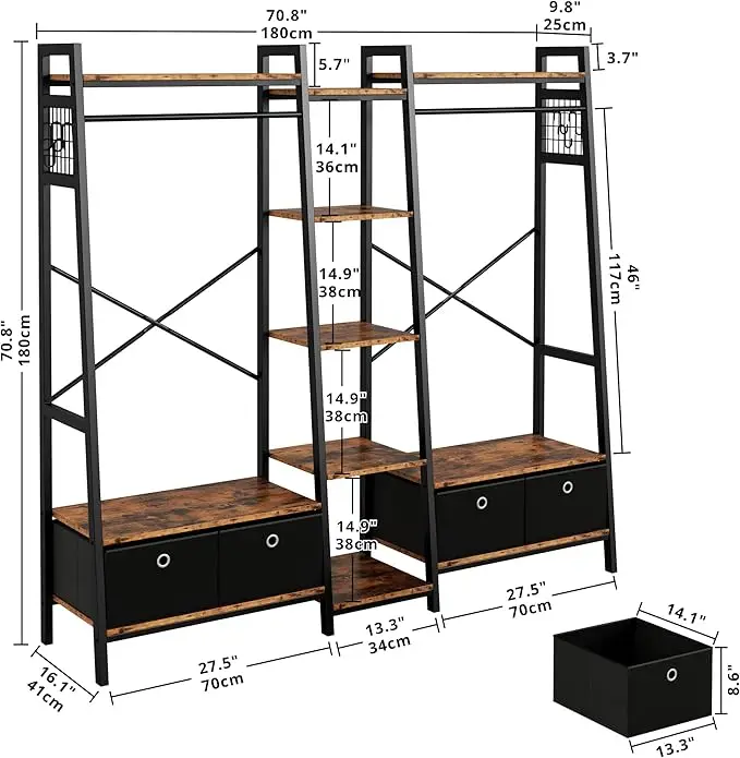 IRONCK Garment Rack and Storage Shelves, Heavy Duty Closet Rack with Hanging Rods,4 Drawers, T Shaped Coat Rack