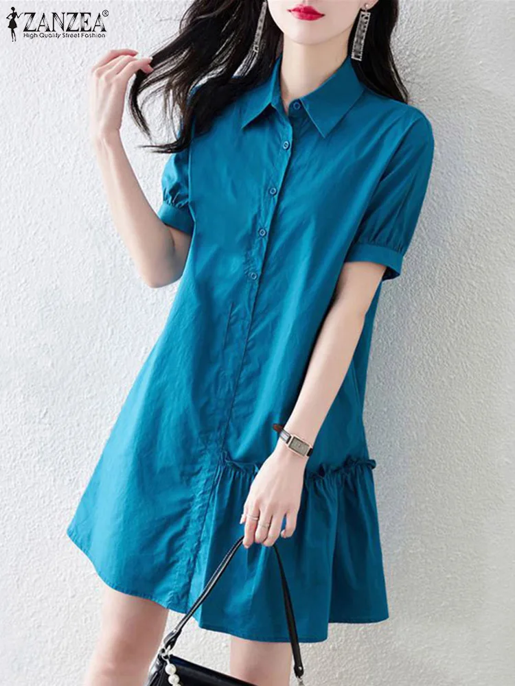 ZANZEA Women Ruffled Hem Shirt Dress Short Puff Sleeve Summer Elegant Solid Mini Dress Casual Fashion Lapel Neck Work Sundress