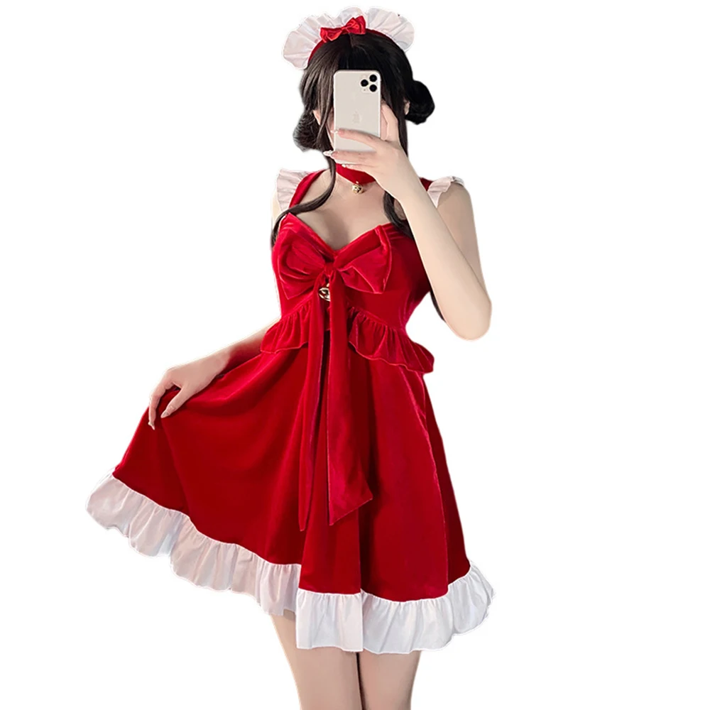 Winter Bow Princess Red Velvet Dress Cute Sweet Christmas Cosplay Maid Outfit donna babbo natale Lolita Maid Uniform Fancy Dress