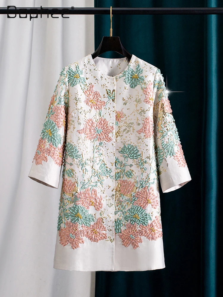 

Flower Embroidery Loose Large Size Socialist Trench Coat for Women Vintage Elegant High-End Round Neck Fashion Mid-Length Jacket