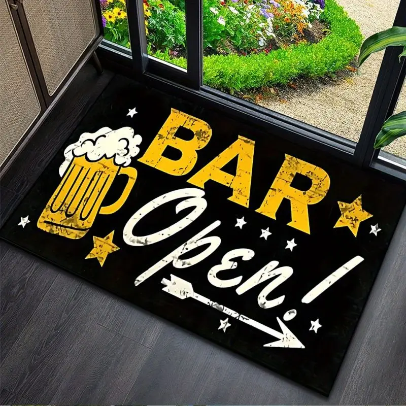 Non-Slip \'Bar Open\' Beer Welcome Doormat Machine Washable Carpet for Living Room Bedroom Kitchen and Laundry Rug