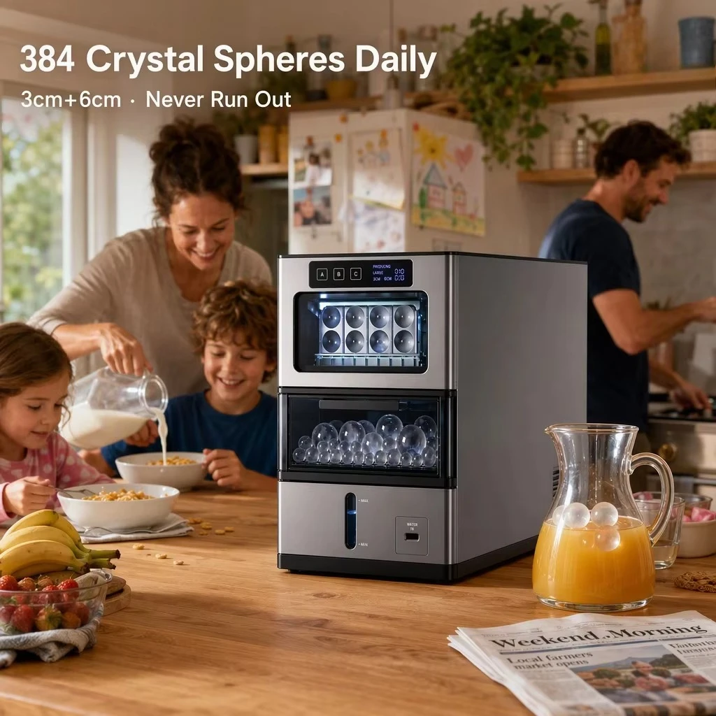 2‑in‑1 Dual Size 3cm+6cm Countertop Sphere Ball Ice Maker Automatic 384/Day Output Crystal Clear Ice for Bar Drink Creations
