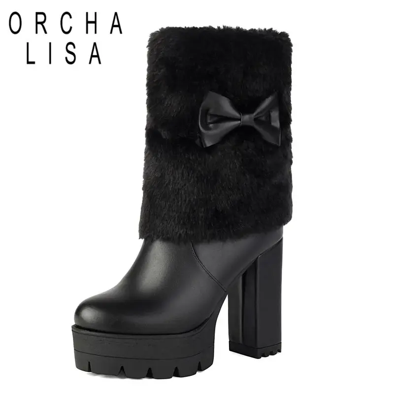 

ORCHA LISA 2025 Sweet Female Mid Calf Boots Round Toe Block Heels 11cm Platform 3.5cm Zipper Bowknot Plus Size 49 50 Dating Bota