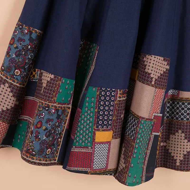 Gestikte etnische stijl dames nieuwe gesplitste katoen en linnen grote zoom retro halflange rok