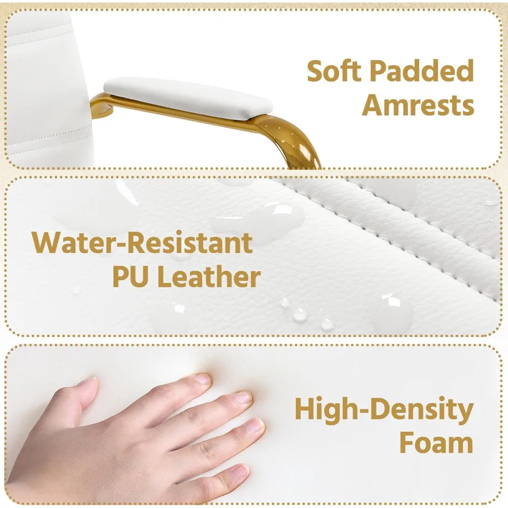 Офисный стул со средней спинкой, настольный стул из искусственной кожи, регулируемый рабочий стул для руководителей с опорой для пиломатериалов, белое сиденье с золотой ножкой