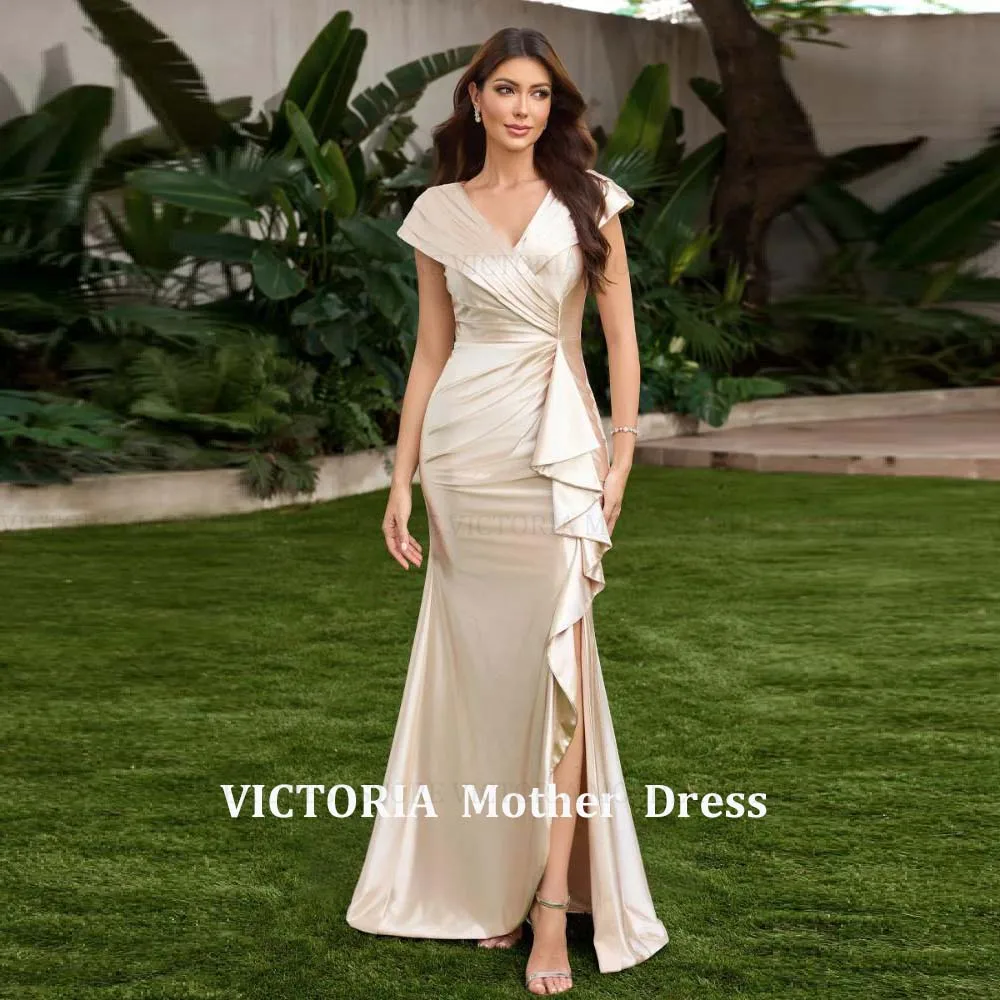 VICTORIA Maßgeschneidertes modernes Kleid für die Brautmutter 2026, Meerjungfrau, plissiert, Hochzeitsgastkleider, Rüschen, Satin, Party-Abendkleider