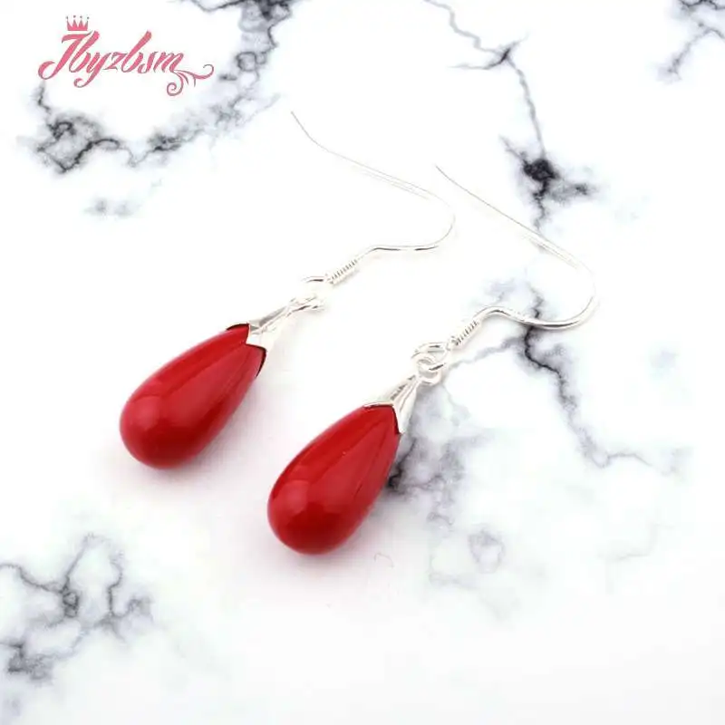 8x15mm Manmade Coral Red Olivary Shape Stone Tibetan Silver Hook Fashion Style Earrings For Woman Christmas Gift 1 Pair