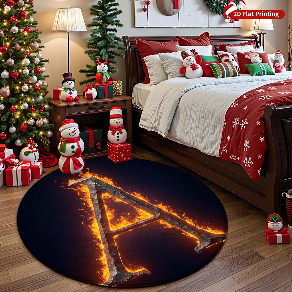 Burning Letter A Fire Flame Christmas Round Rug Holiday Gift Under Tree Flannel Carpet Festive Decor For Fireplace Living Room