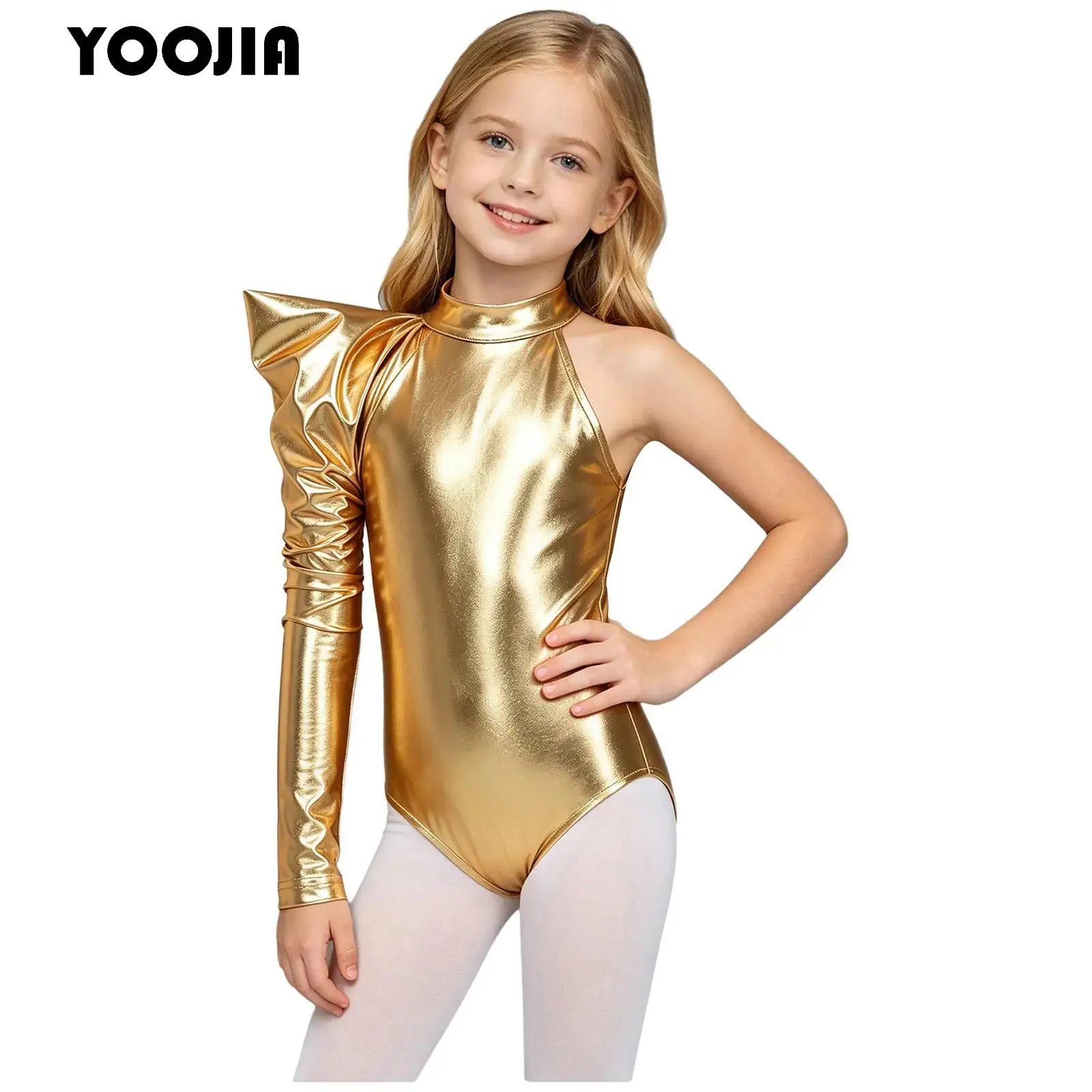 Children Alien Bodysuit Girls Metallic Shiny Gymnastics Jumpsuit Asymmetrical Long Sleeve One Shoulder Leotard Halloween Party
