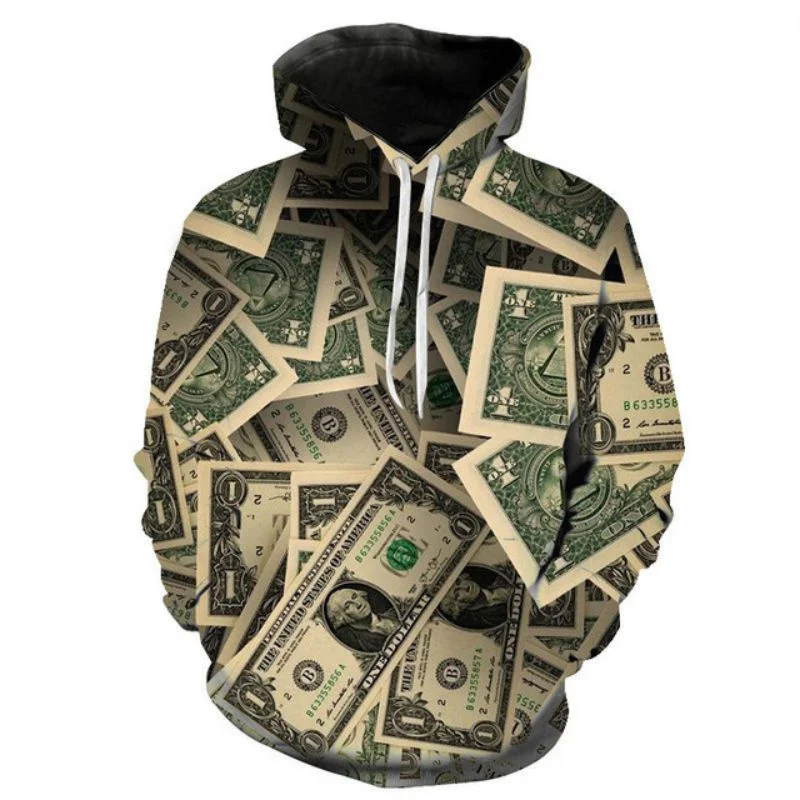 Fashion Dollar Banknotes Pattern Hoodies Trend Casual Long Sleeve Funny 3D Printed Sweatshirt Mens Streetwear Oversize Pullovers