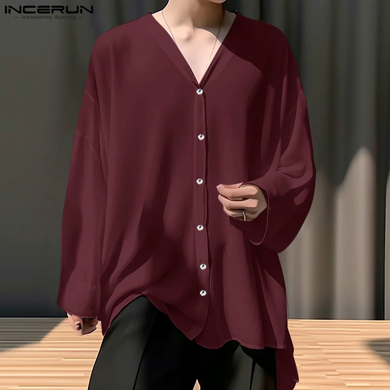 

Fashion 2024 INCERUN Summer Shirts Mens Tops Solid Color Shoulder Drop V-neck Casual Male Long Sleeved Blouse S-5XL Tee