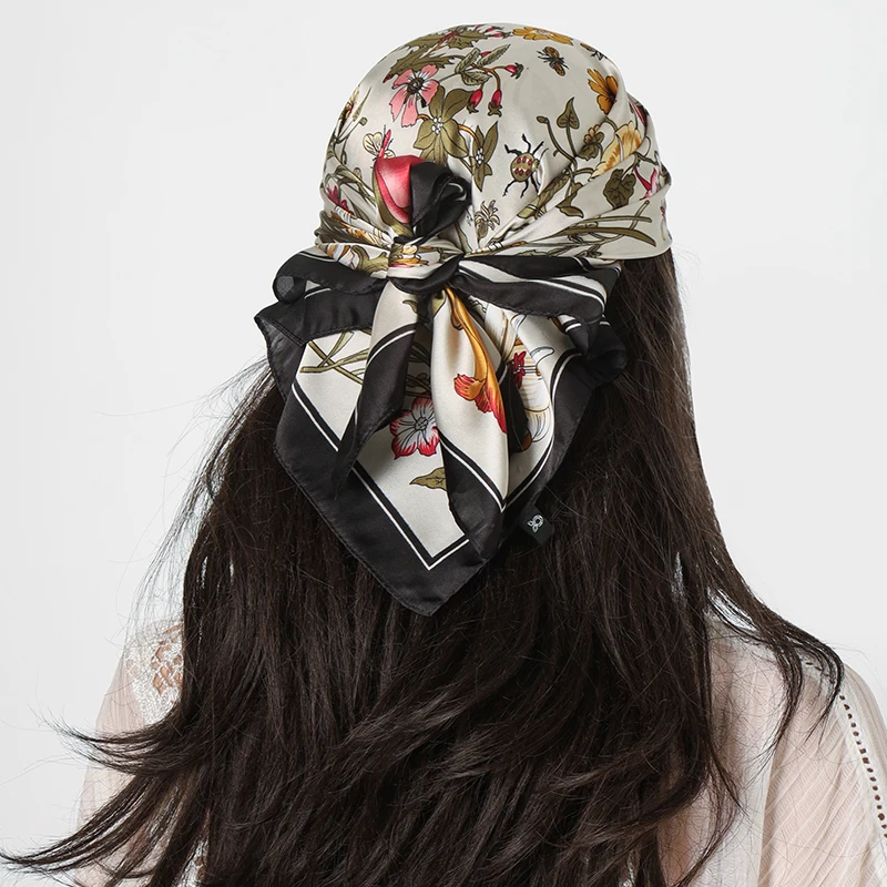 70x70cm Simulation Square Silk Scarf Women Flower Pattern Printed Scarves Female Soft Satin Shawl Wrap Headband Kerchief Hijab