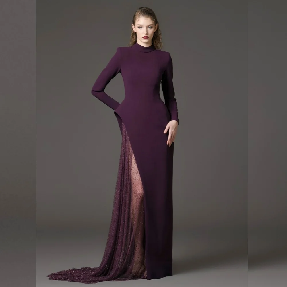 

Customized Jersey Glitter Pleat High Collar Asymmetrical Long Dresses Bespoke Occasion Luxury Evening Dress Fashion Party Gown