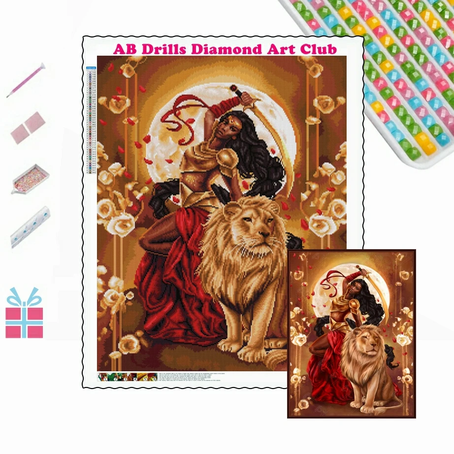 

Passion and Power 5D DIY AB Drill Diamond Painting Female Samurai and Lion Diamond Embroidery Cross Stitch Rhinestone Home Decor