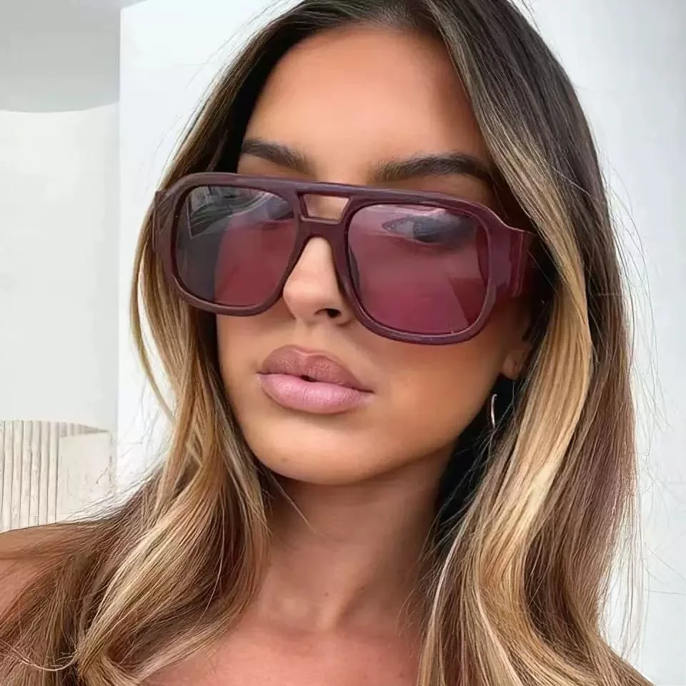Retro Double Bridge Square Frame Sunglasses 2026 Burgundy Translucent Lenses Sweet Cool Style for Hot Girls Big Face DS-3935