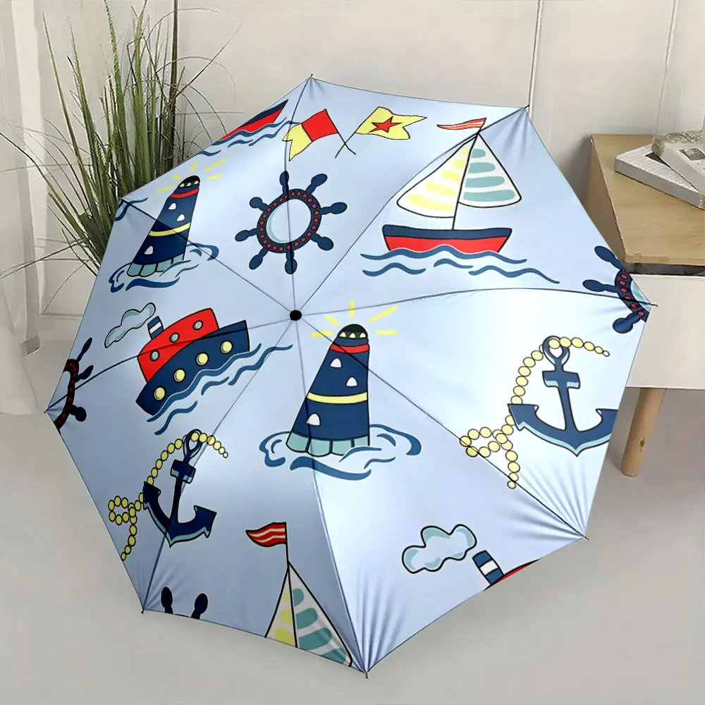 1PC Colorful Nautical-Themed Umbrella with Boats and Anchors Print 8 Iron Ribs Folding Umbrella Auto-Open Fashion Sunshade