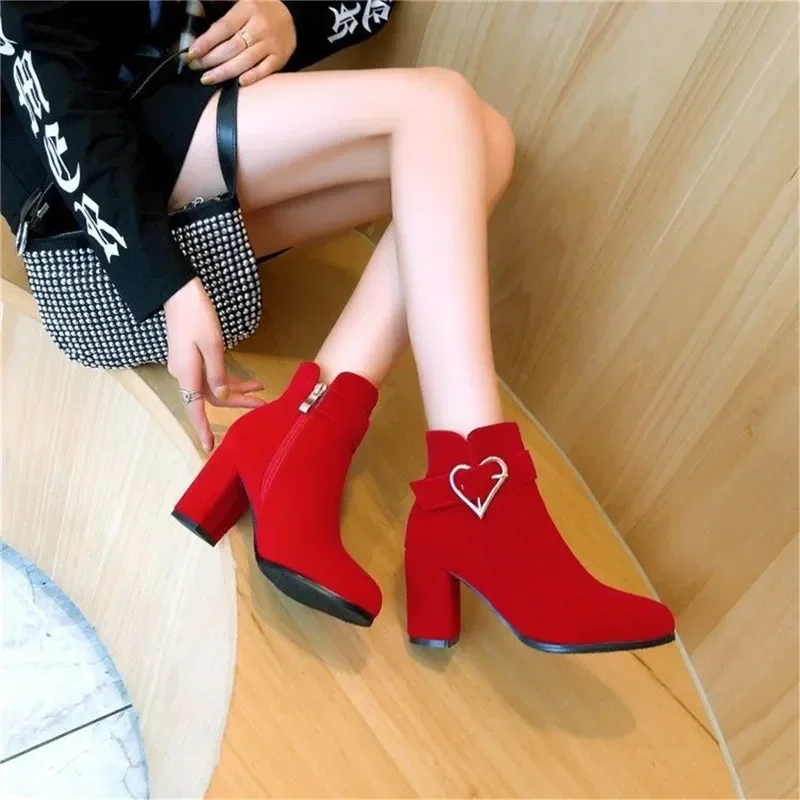 Women\'s Chunky Heeled Ankle Boots, Solid Color Side Zipper High Heels, Stylish Short Boots